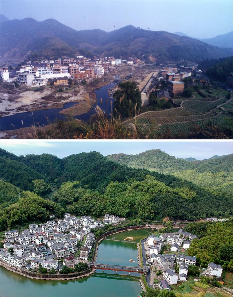 圖為浙江省杭州市淳安縣楓樹嶺鎮(zhèn)下姜村拼版圖，其中上圖為資料照片、下圖由新華社記者張鋮攝。